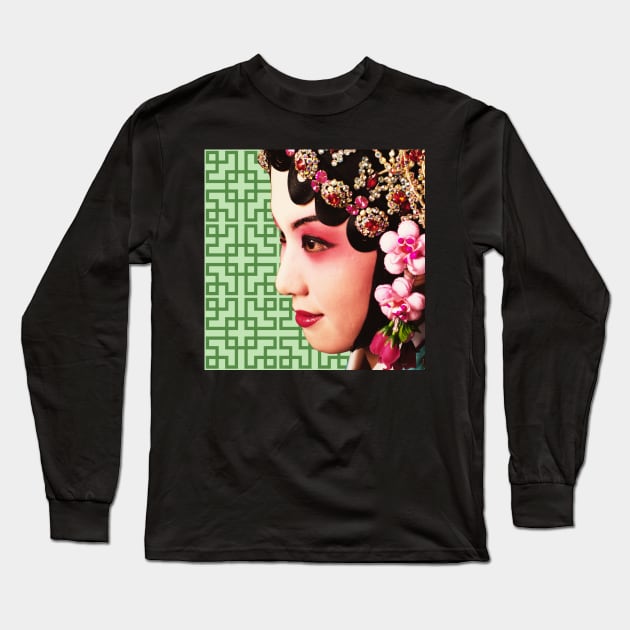 Chinese Opera Star with Green Tile Floor Pattern- Hong Kong Retro Long Sleeve T-Shirt by CRAFTY BITCH